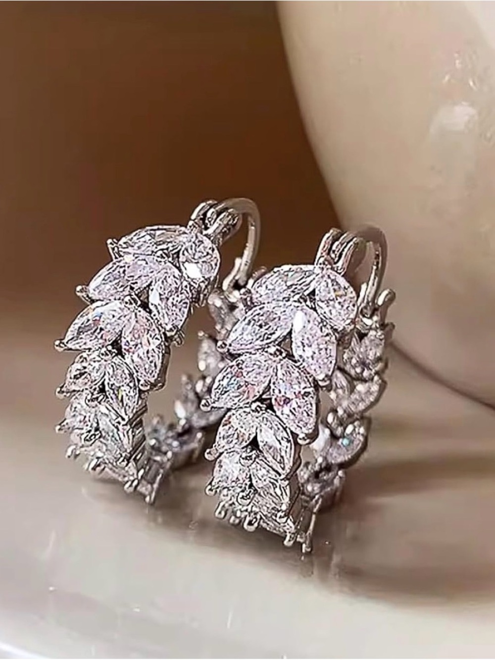 White Crystal Leaf Hoop Earrings - Elegant Women Jewelry. NWT.